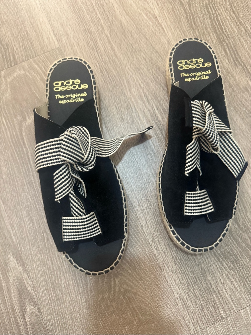 Andre Assous Black Suede Espadrille Slide Sandals with Striped Knot